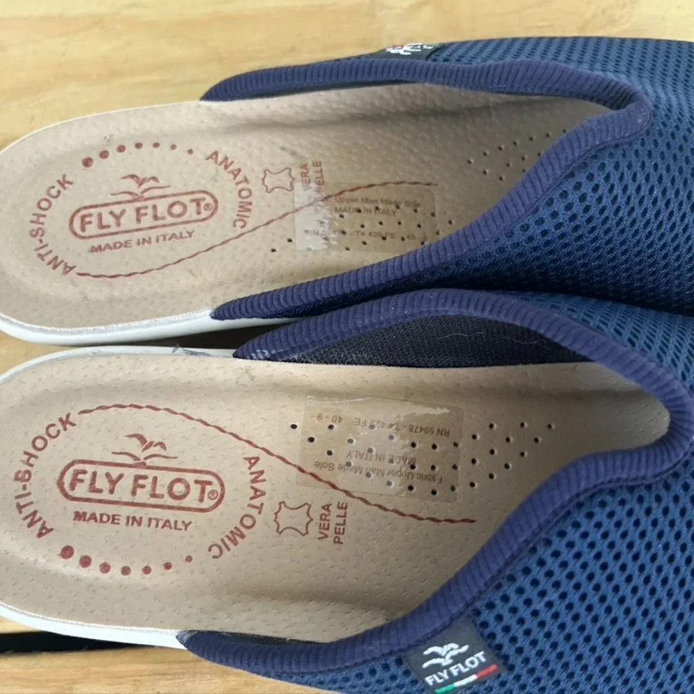 ** Flyflot Blue Mesh Slide On Low Wedge Sandals Open Toe Italy Size 9 EU 40 - Picture 4 of 9